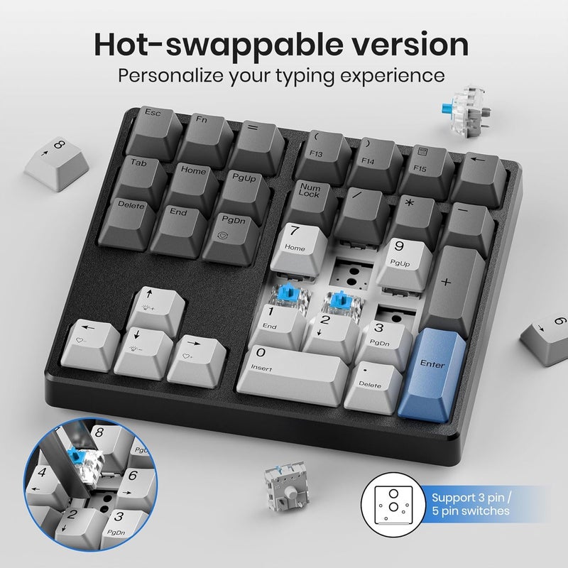 Kisnt Mechanical Number Pad,Hot Swappable Numpad with Gateron Switches,34 Keys Wired USB Keypad White Backlit Numeric Keypad with PBT Keycaps for Laptop PC Compact Keyboards (Blue Switch) - Image 4